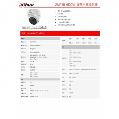 大華dahua DH-HAC-T1A21-U 2MP IR HDCVI 固焦半球攝影機1.jpg