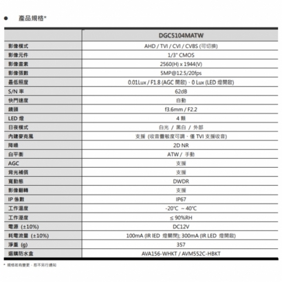 AVTECH陞泰 DGC5104MATW 5MP 4合1 AVColor 全彩槍型攝影機 