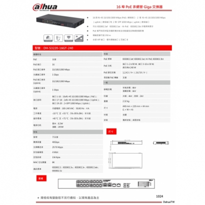 大華dahua DH-S3220-16GT-240 16埠PoE非網管Giga交換器1.jpg