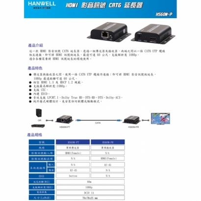 HANWELL HS60M-P HDMI 訊號 CAT.6 延長器 1080p@60Hz.1.jpg HANWELL HS60M-P HDMI 訊號 CAT.6 延長器 1080p@60Hz.1.jpg