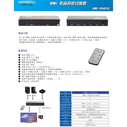 HANWELL HDMI-AS401K2 4x1 HDMI 訊號切換器 _ 4K60Hz _.1.jpg HANWELL HDMI-AS401K2 4x1 HDMI 訊號切換器 _ 4K60Hz _.1.jpg